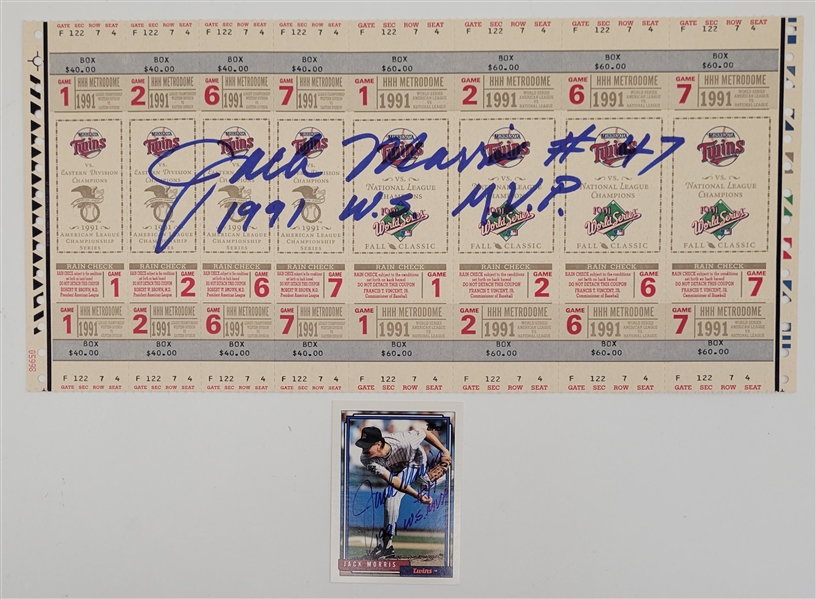 Jack Morris Autographed & Inscribed 1991 World Series Uncut Ticket Sheet w/ Autographed Card