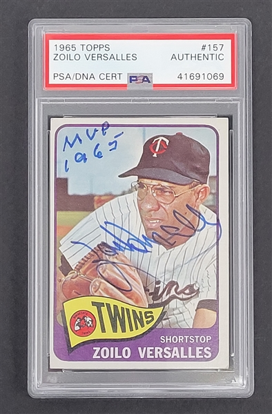 Zoilo Versalles Autographed & Inscribed 1965 Topps #157 Card PSA Slabbed