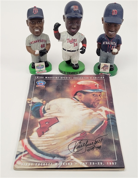 Lot of 3 Minnesota Twins Bobbleheads w/ Kirby Puckett Magazine