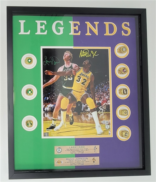 Magic Johnson & Larry Bird Dual Autographed & Framed Replica NBA Championship Ring Display Beckett