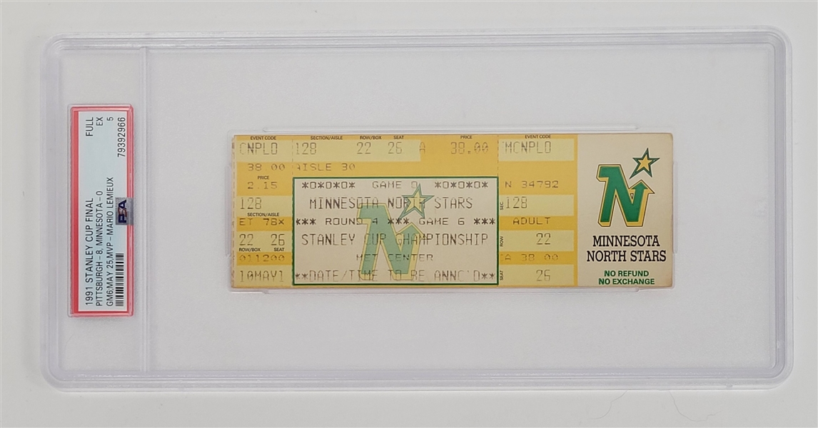 1991 Stanley Cup Final Pittsburgh vs. Minnesota Game 6 Full Ticket PSA 5 *Lemieuxs 1st Cup Win*