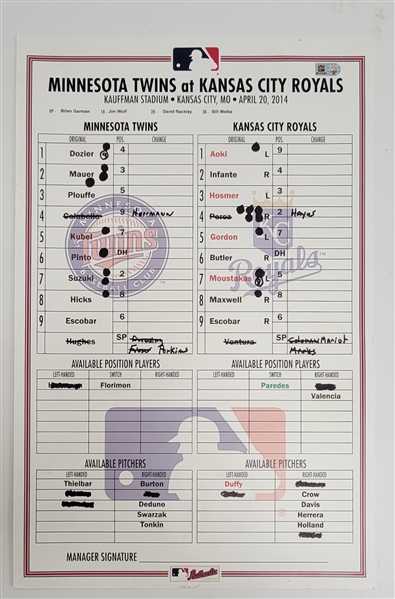 2014 Minnesota Twins vs. Kansas City Royals Game Used Dugout Lineup Card MLB