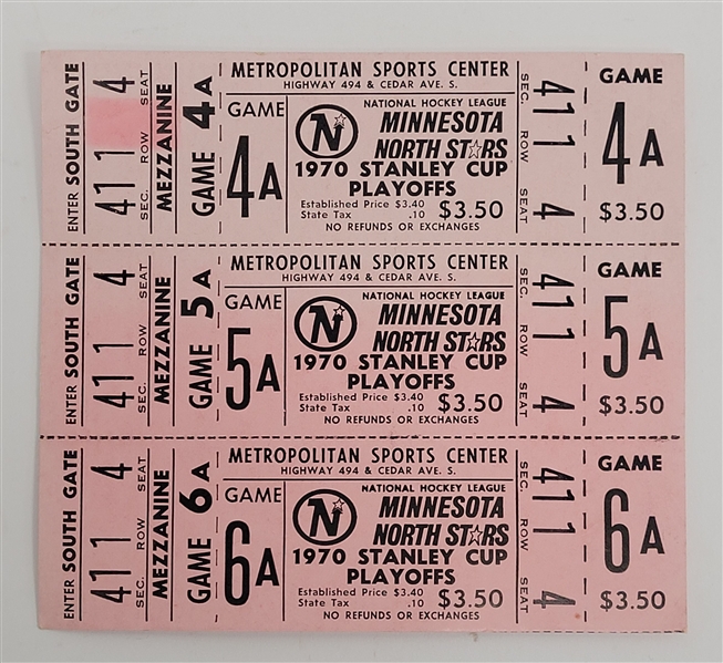 Minnesota North Stars 1970 Stanley Cup Playoffs Uncut Ticket Sheet of 3