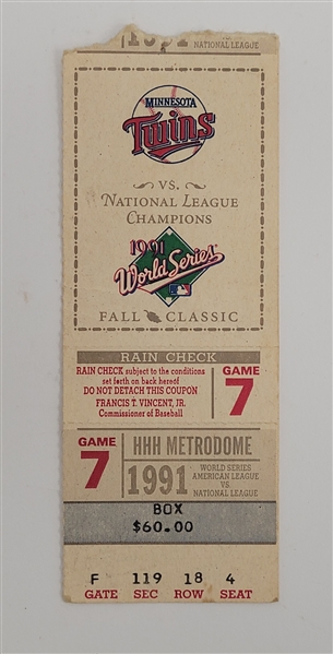 1991 Minnesota Twins World Series Game 7 Ticket