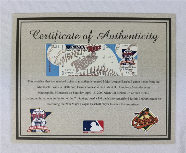 Cal Ripken Jr. 3,000th Hit Full Ticket From April 15th 2000 w/ MLB COA