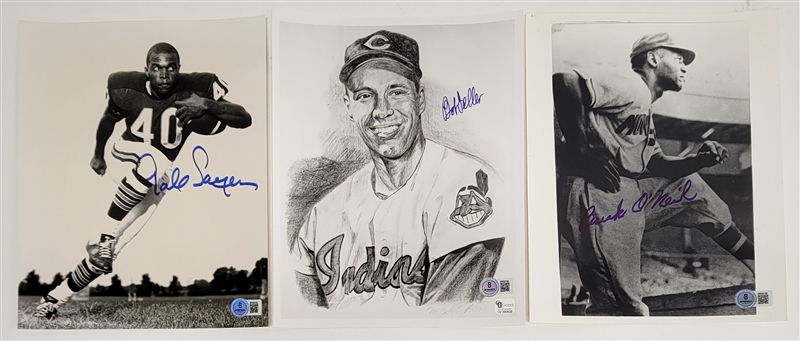 Lot of 3 Gale Sayers, Buck ONeil, & Bob Feller Autographed 8x10 Photos Beckett