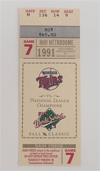 1991 Minnesota Twins World Series Game 7 Ticket