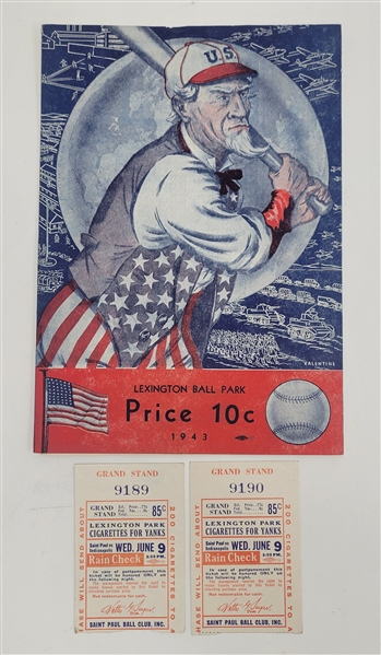 1943 St. Paul Saints Scored Program w/ 2 Grandstand Ticket Stubs