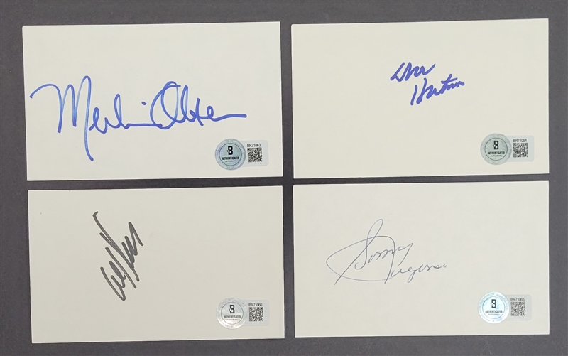 Lot of 4 Football Hall of Famers Autographed Index Cards w/Merlin Olsen & Don Hutson Beckett