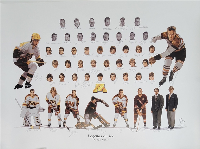 Minnesota Gophers Autographed 27.5x39 Hockey Lithograph Signed by 45 of 50 All-Time Gophers w/ Herb Brooks LE #50/250 Beckett LOA