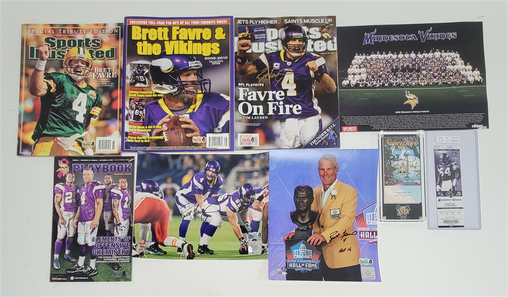 Brett Favre Autographed Magazine, Photo, & Ticket Collection