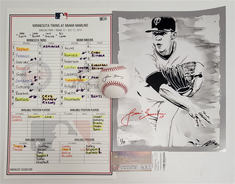 Jose Berrios Collection w/ Autographed Photo, Autographed Baseball, Opening Day Ticket, & Dugout Lineup Card