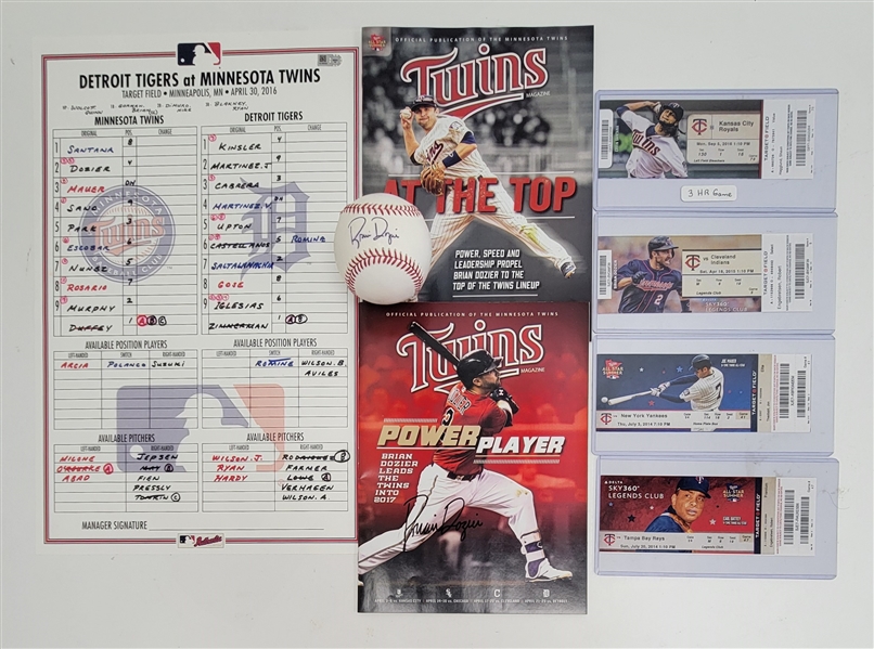 Brian Dozier Collection w/ Autographed Baseball, Magazines, Tickets, & Dugout Lineup Card