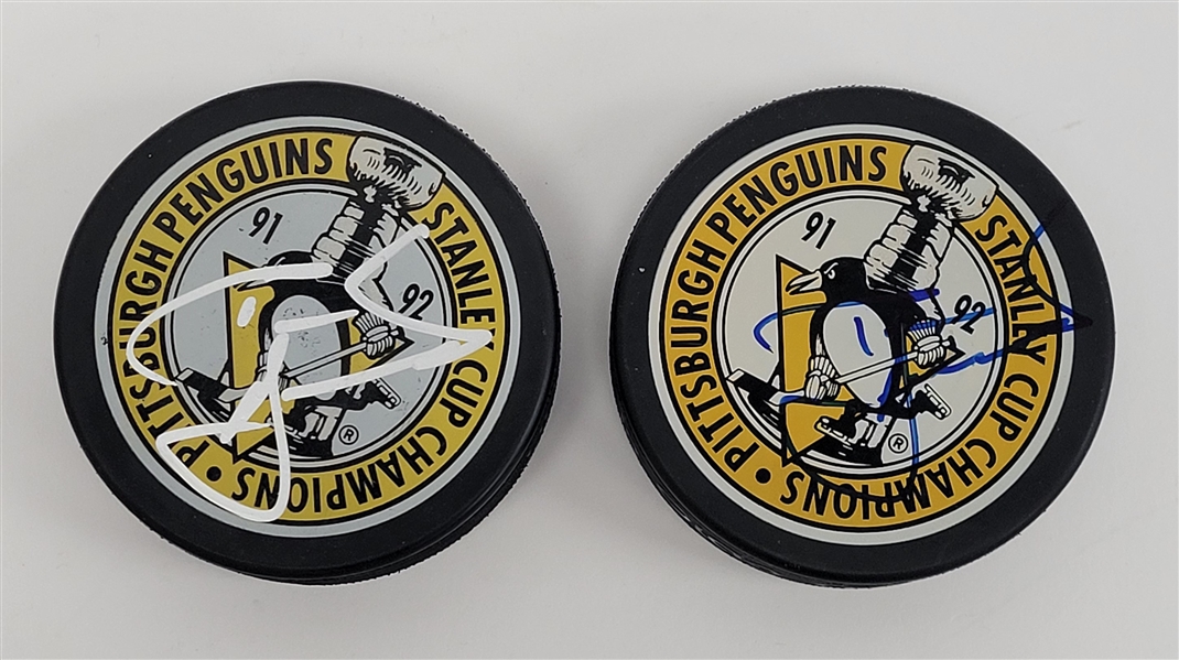 Lot of 2 Tom Barrasso Autographed Pittsburgh Penguins Hockey Pucks JSA