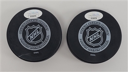 Lot of 2 Tom Barrasso Autographed Pittsburgh Penguins Hockey Pucks JSA