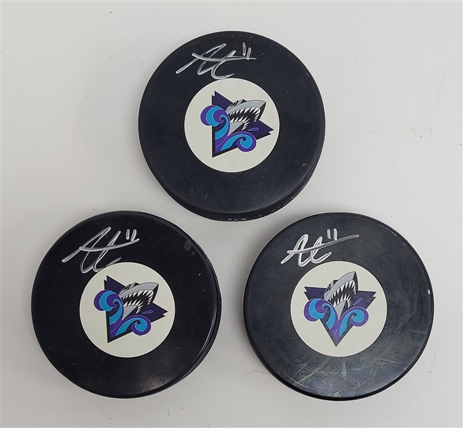 Lot of 3 Alexis Lafreniere Autographed Hockey Pucks JSA