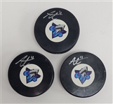 Lot of 3 Alexis Lafreniere Autographed Hockey Pucks JSA