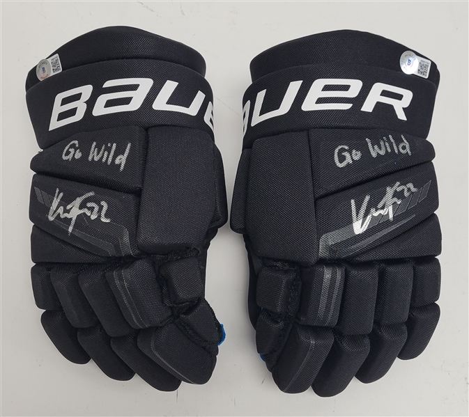 Lot of 2 Kevin Fiala Autographed & Inscribed Bauer Hockey Gloves Beckett