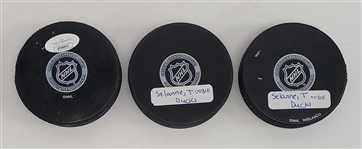 Lot of 3 Teemu Selanne Autographed Hockey Pucks