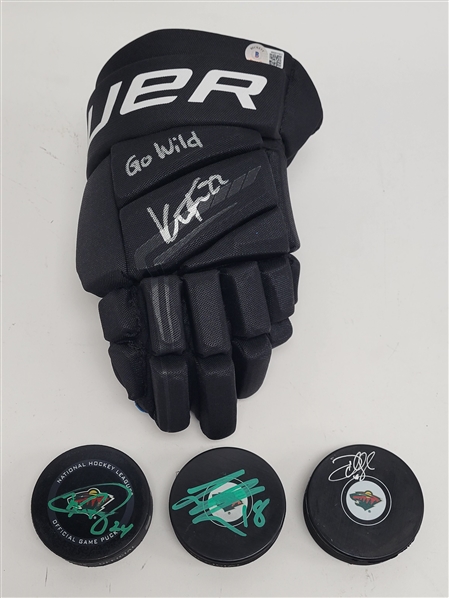 Lot of 4 - Minnesota Wild Autographed Hockey Pucks & Glove Beckett