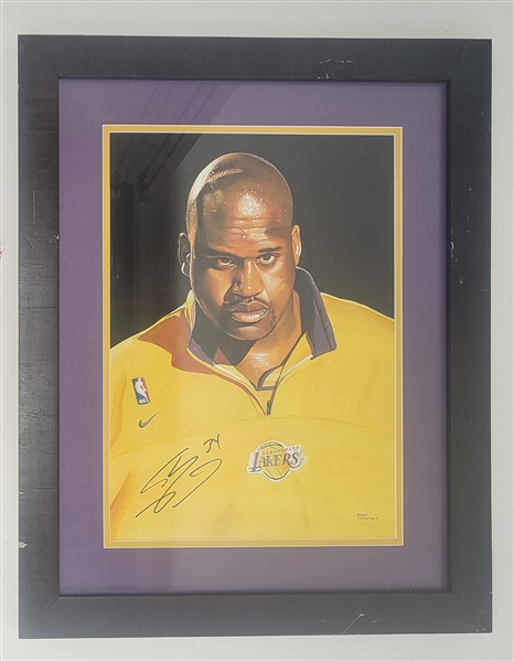 Shaquille ONeal Autographed Original 15x20 James Fiorentino Watercolor Painting Framed 24x30 w/ Beckett LOA