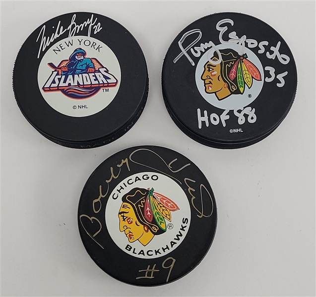 Lot of 3 Bobby Hull, Tony Esposito, & Mike Bossy Autographed Hockey Pucks Beckett