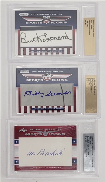 Lot of 3 Buck Leonard, Billy Herman, & Al Barlick Cut Signature Sports Icons Baseball Hall of Famer Cards BGS