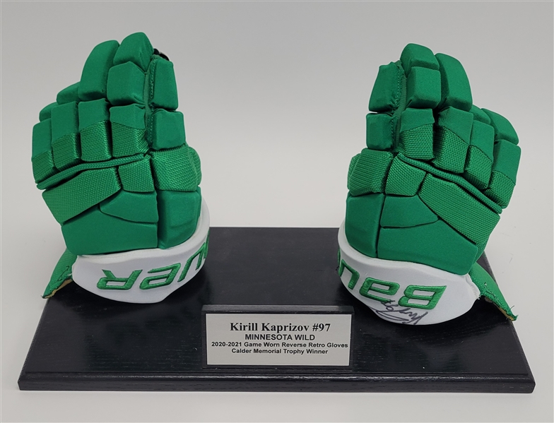 Kirill Kaprizov 2020-21 Minnesota Wild Game Used & Autographed Reverse Retro Gloves w/ Wild LOA