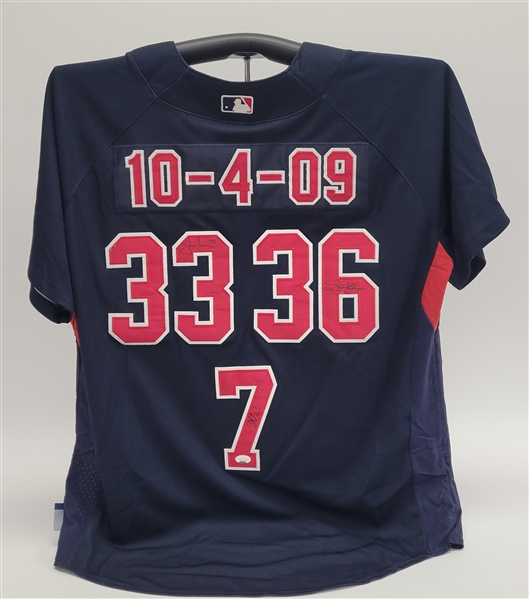 Joe Mauer, Justin Morneau, & Joe Nathan Autographed "10-4-09" Minnesota Twins Jersey PSA/DNA