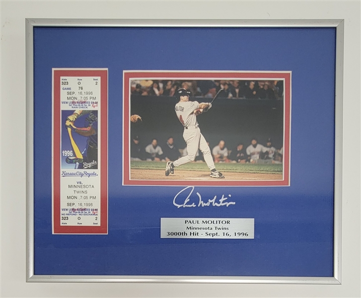 Paul Molitor Autographed & Framed 3,000th Hit Ticket Display
