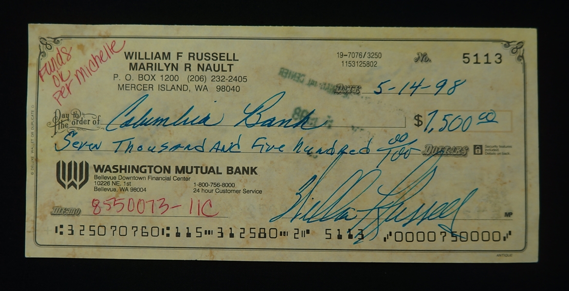 Bill Russell Signed Check Made Out For $7,500 w/ Russell LOA