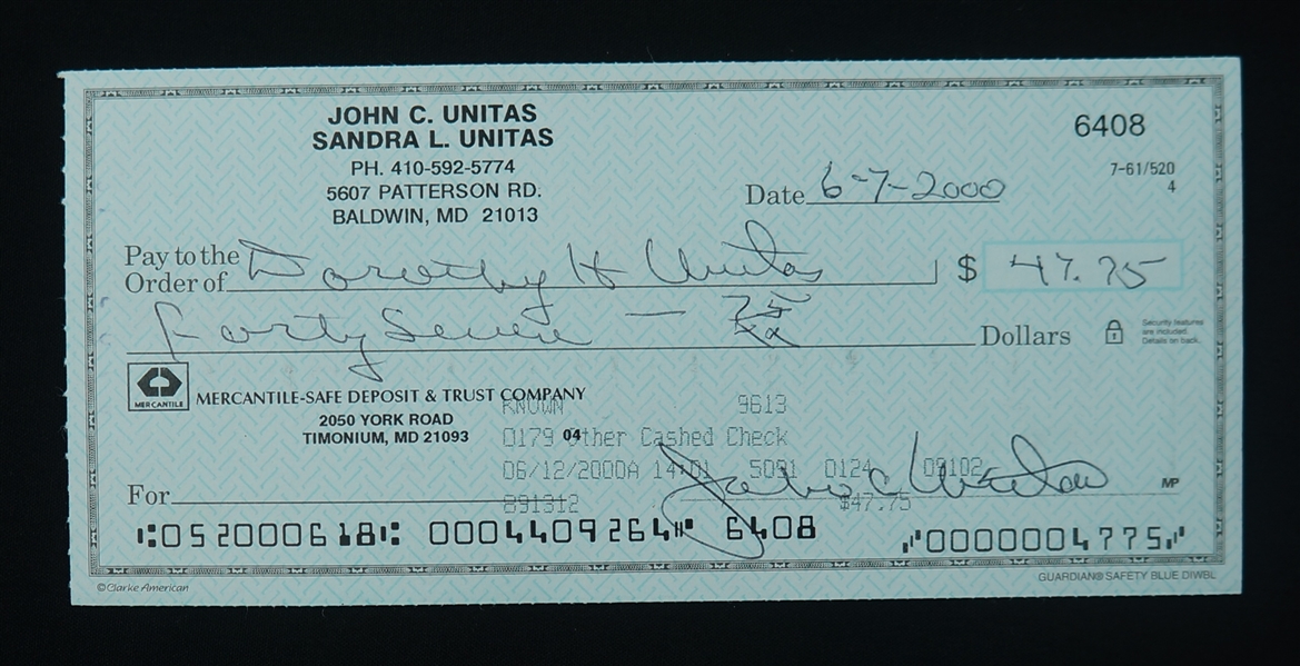 Johnny Unitas Signed Check w/ Unitas Family LOA