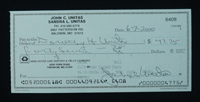 Johnny Unitas Signed Check w/ Unitas Family LOA