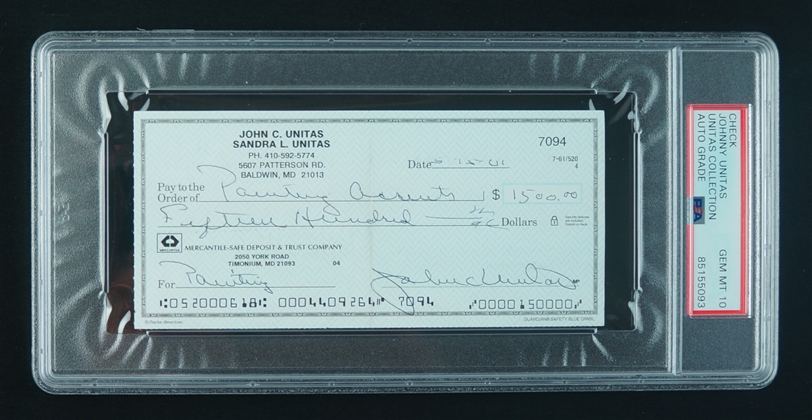Johnny Unitas Signed Check PSA 10 w/ Unitas Family LOA