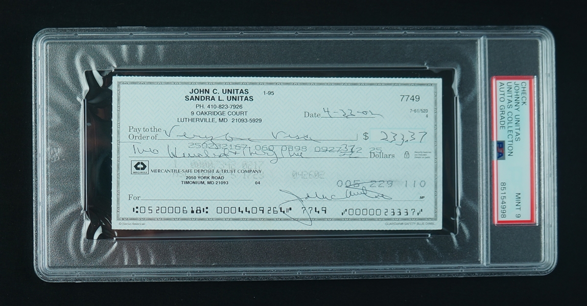 Johnny Unitas Signed Check PSA 9 w/ Unitas Family LOA