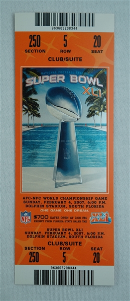 Indianapolis Colts vs. Chicago Bears Super Bowl XLI Full Ticket *Peyton Manning MVP*