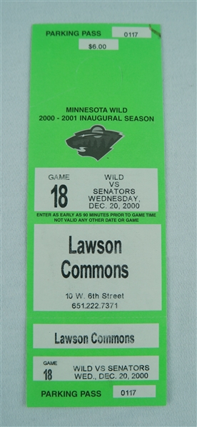 Minnesota Wild 2000-01 Inaugural Season Parking Pass