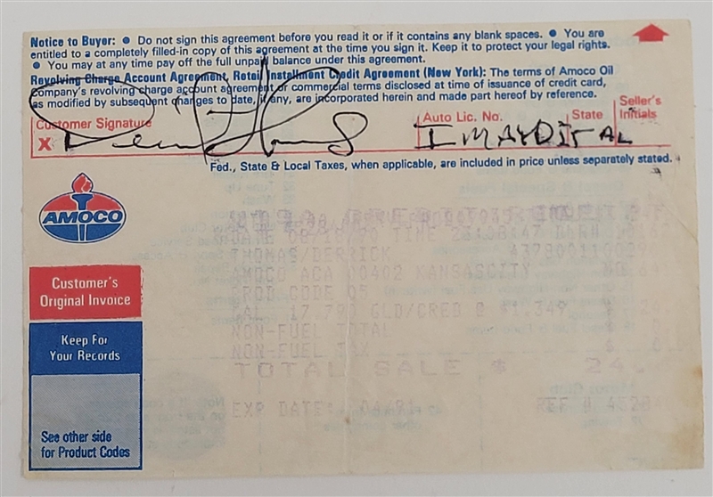 Derrick Thomas Signed Amoco Gas Receipt *From Thomas Family* w/ Beckett LOA