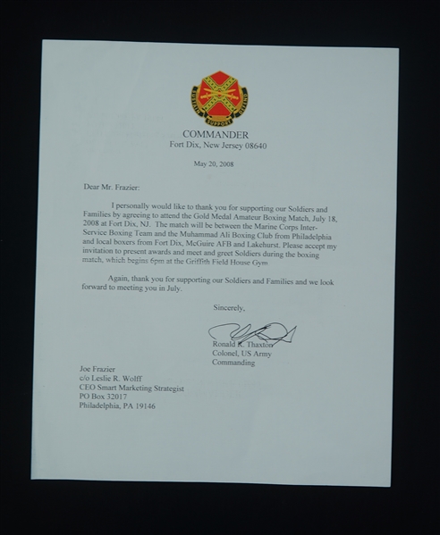 Joe Frazier Personal Letter From U.S. Army Colonel