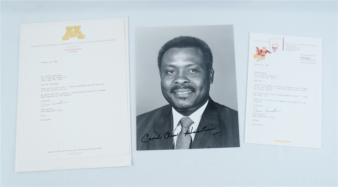 Clem Haskins Lot of 3 Autographed University of Minnesota 8x10 Photos & Letters
