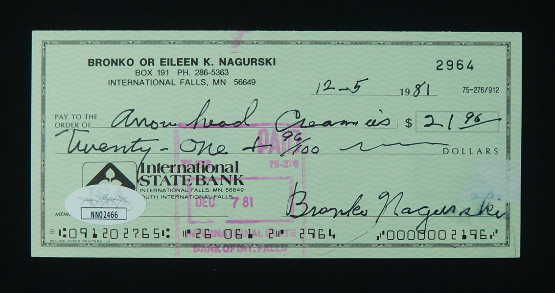 Bronko Nagurski Signed Check JSA & Nagurski Family Provenance