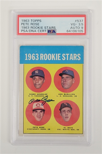 Pete Rose Autographed 1963 Topps #537 Rookie Card PSA 3.5 Auto 9