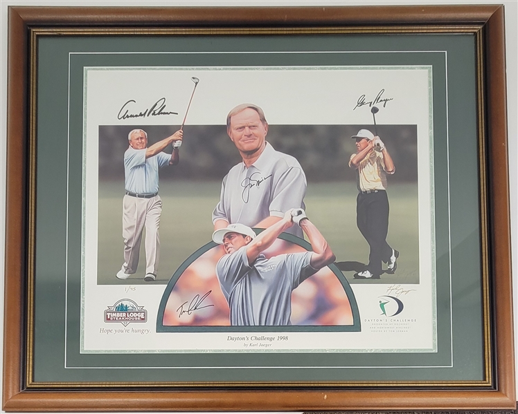 Arnold Palmer, Jack Nicklaus, Gary Player, & Tom Lehman Autographed & Framed "Daytons Challenge 1998" Karl Jaeger Lithograph LE #1/45 w/ Beckett LOA
