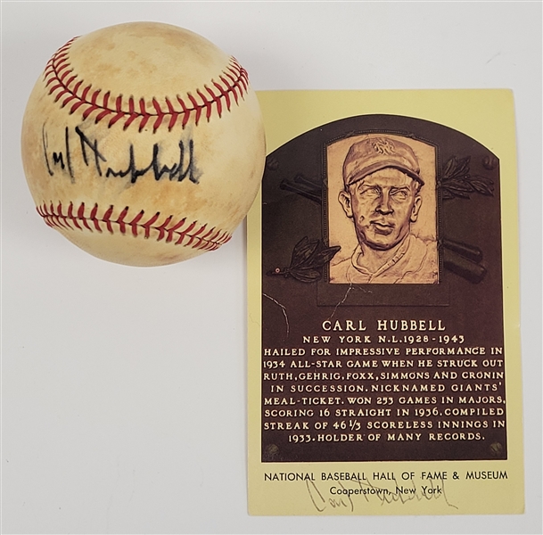 Lot of 2 - Carl Hubbell Autographed Baseball & Autographed Hall of Fame Plaque Postcard Beckett