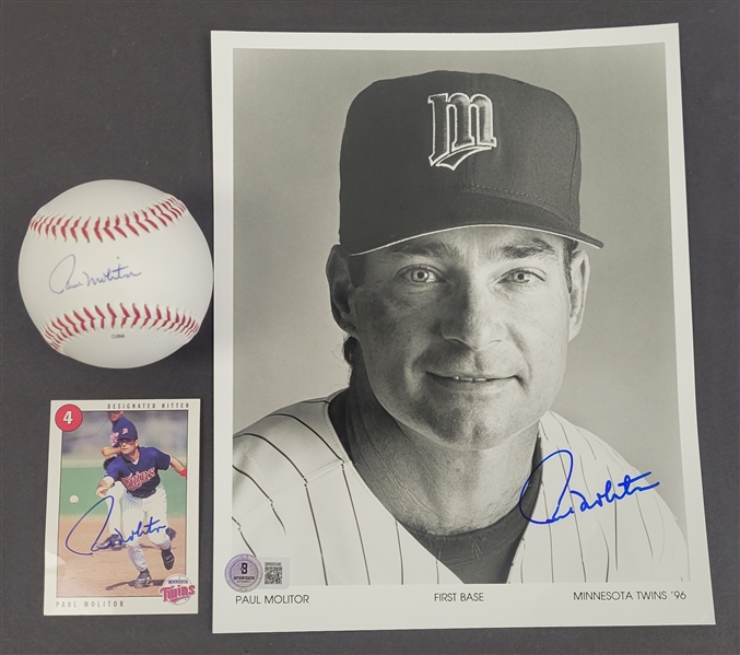 Paul Molitor Autographed Lot w/ Baseball, 8x10 Photo, & Card Beckett