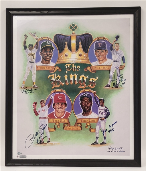 The Kings of Baseball Autographed & Framed 24x29 Ron Lewis Lithograph Signed by Hank Aaron, Rickey Henderson, Nolan Ryan, & Pete Rose w/ Beckett LOA