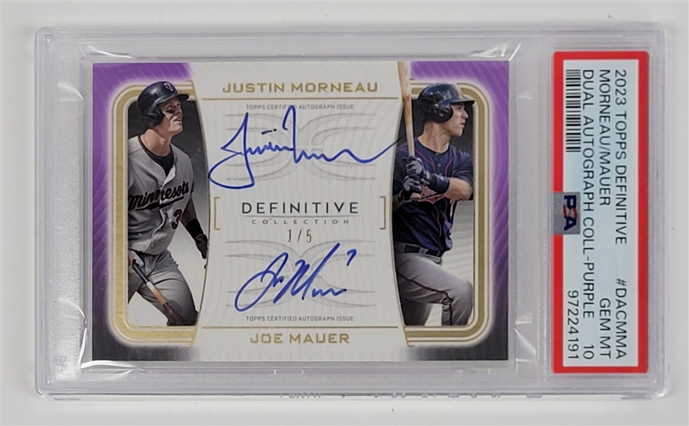 Joe Mauer/Justin Morneau 2023 Topps Definitive Dual Autograph Collection - Purple Card LE #1/5 PSA 10