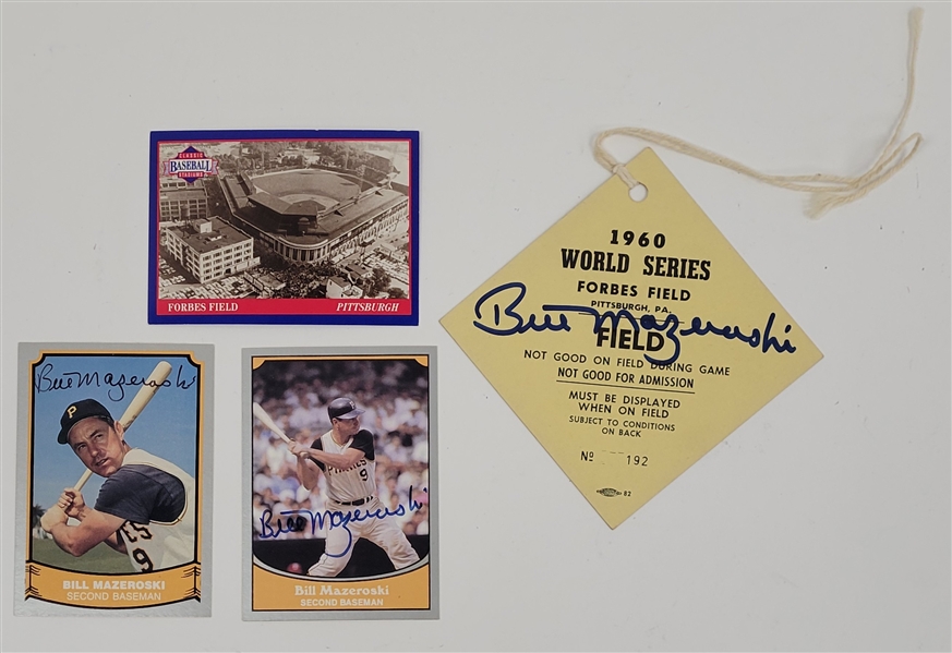 Bill Mazeroski Autographed Lot of 3 Items w/ 2 Cards & 1960 World Series Field Pass Beckett