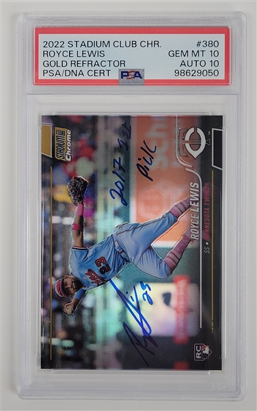 Royce Lewis Autographed & Inscribed 2022 Stadium Club Chrome #380 Gold Refractor Rookie Card LE #10/50 PSA 10 Auto 10