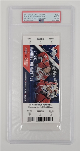 Alexander Ovechkin Autographed 2017 Washington Capitals Game Full Ticket From 1000th Regular Season Point PSA 9 Auto 7